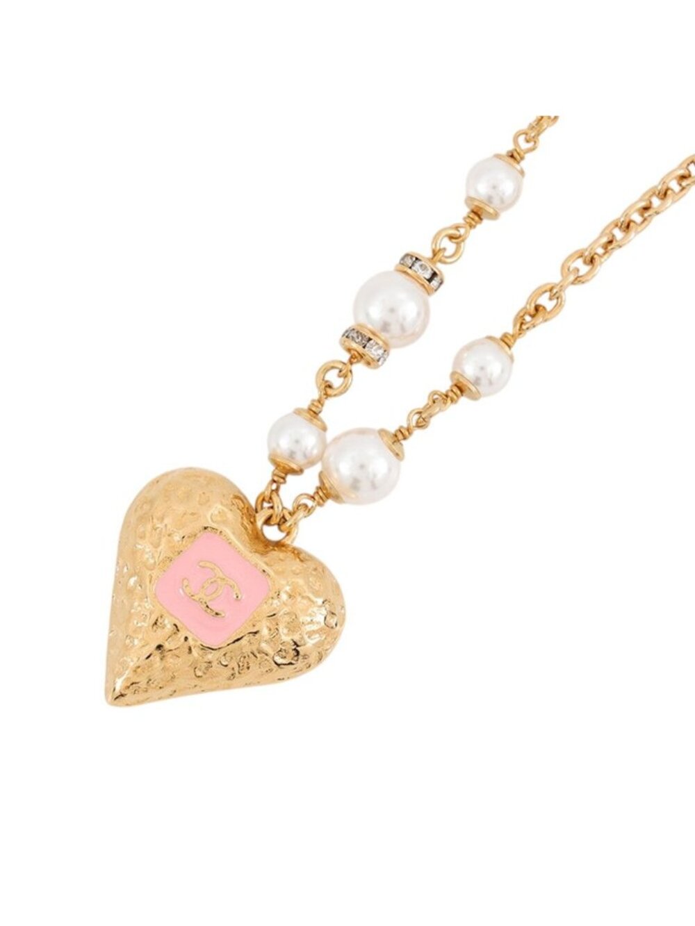 Chanel Necklace CC Logo Heart Faux Pearl Rhinestone